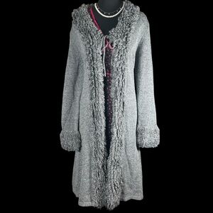 Josephine Chaus Long Fringe Sweater Coat • Gray Open Front Wool Blend Cardigan